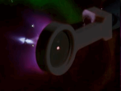 photo of a neutron converter during a high-power laser shot, when hit by a high-flux proton beam