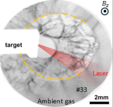 snapshot of a high-velocity shock produced by a high-power laser and propagating in a magnetized tenuous ambient medium