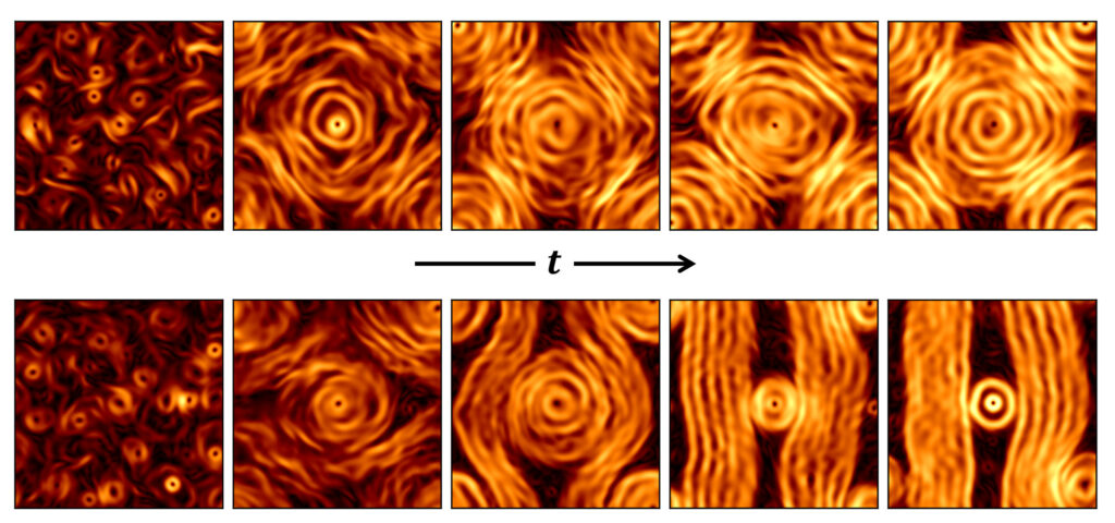 The large scale flow can either form jets or vortices, depending on the distance of the dissipative scale from the forcing scale when energy in LQG turbulence